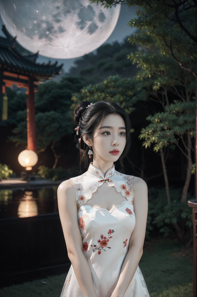 (((best quality))),(((ultra detailed))),(((masterpiece))),illustration,((1 beautiful girl,solo)),(bun hair:1.2),(Ghostly makeup:1.3),(fair skin:1.5),(red lips:1.2),(earrings:1.2),((slim,thin)),((small breasts,flat chest,cleavage)),(black floral embroidered lace sleeveless cheongsam:1.5),(thigh loop:1.3),(slender legs:1.2),(stockings:1.3),(standing:1.3),(A huge moon in the sky:1.3),(moonlit Chinese garden courtyard:1.3),(Ghost Festival:1.3),(Ghostly flames are drifting in the air:1.3),elegant and sophisticated,intricate patterns,curves,dark color,striking visual appeal,ethereal,enchanting,ghostly black blossoms,swaying branches,stone pathways,moss,eerie shadows,ancient pavilion,intricate wooden structure,mystery and intrigue,cicadas chirping,auditory symphony,embodiment of the festival's spirit,bathed in the moon's glow,delicate features,raven-black hair,waterfall of darkness,moon's luminance,captivating allure,sleek fabric,clung to frame,accentuating curves,highlighting beauty,striking appearance,ethereal beauty,hauntingly beautiful scene,captured essence,blend of beauty and mystery,(night scene:1.3),((from front,upper body))
