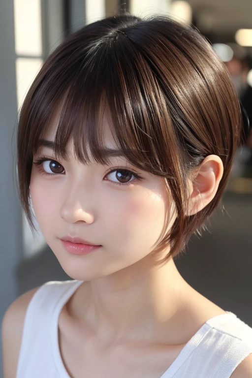 高品質in超リアルなポートレート。彼女は小さく繊細な顔立ちin、I have a slightly rounded face shape。Her expressive almond-shaped eyes have a gentle and warm gaze.、I have strong eyebrows。肌は無垢in透き通るような白さin、It has a natural shine。(Her hair is brown and pixie cut.:1.3)in、シンプルinエレガントに整えられています。メイクはナチュラルin、A light foundation and subtle blush、Uses a soft pink lip color。ライティングはソフトin自然な光を使用し、Accentuating facial features、Does not emphasize shadows。背景はシンプルinぼかしたグラデーションin、Focus on the face。
