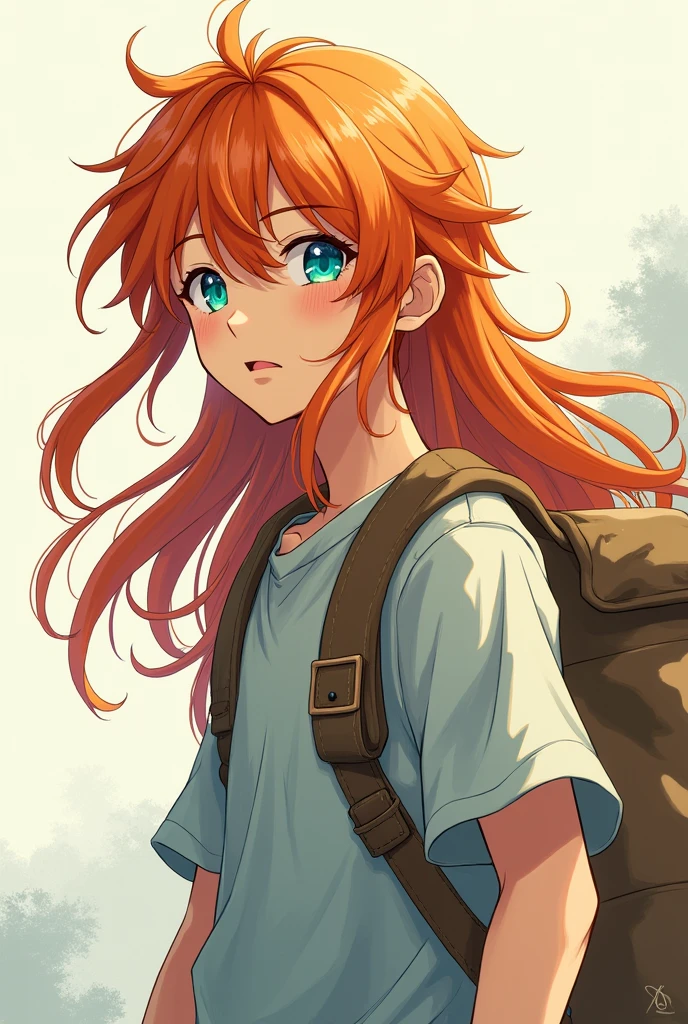 Create a young man with long orange hair. With aquamarine blue eyes, with a sack, anime style