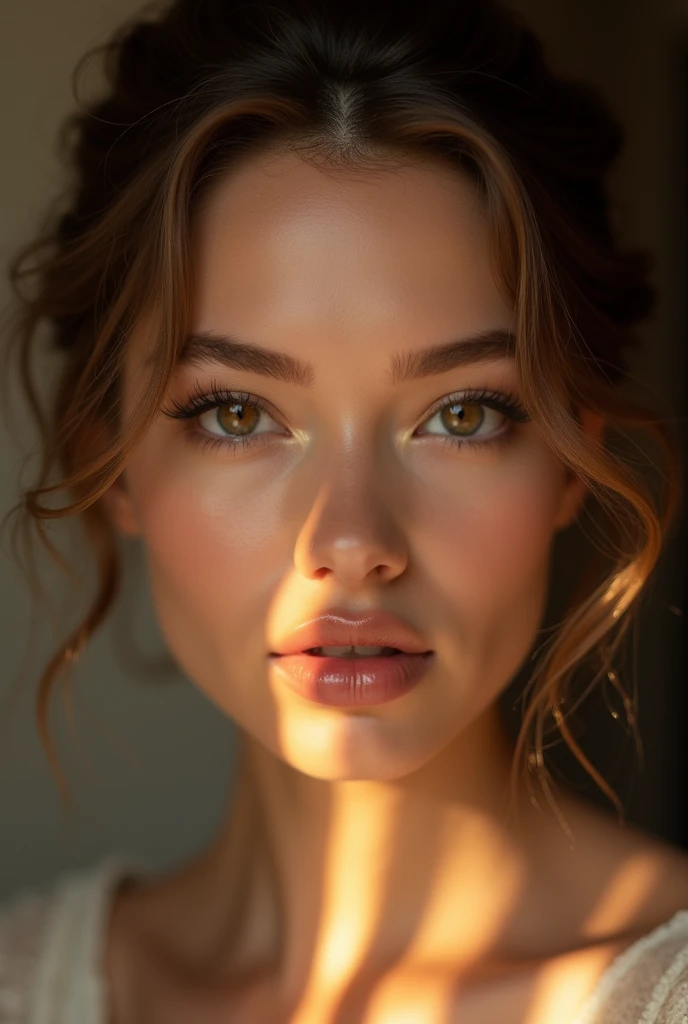 a beautiful young woman, flawless skin, perfect makeup, elegant hairstyle, looking directly at camera, close-up portrait, dramatic lighting, cinematic, warm tones, fashion editorial, high-end beauty, top-quality photography, detailed skin textures, glossy lips, ethereal, luminous, ambient occlusion, photorealistic, hyper-detailed, high resolution, 8k, stunning, elegant, serene, confident, captivating