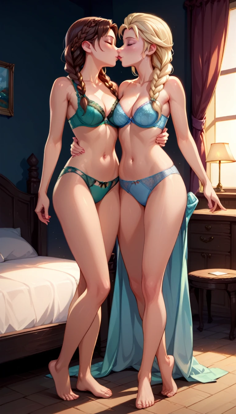 ((Full body photo, standing, feet on the floor)) score_9, score_8_up, score_7_up, score_6_up, 2girls, elsa (blonde hair, braid, blue lingerie, navel:1.1) and anna (brown hair, braided pigtails, green lingerie, navel:1.3),, elegant hotel suite, lovers, in love, they are laying on a large luxurious bed, kissing, groping, (cinematic lighting:1.2),, (sunset:1.2).