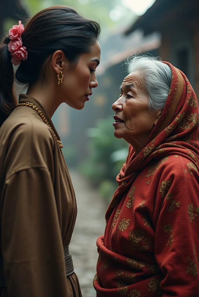 Woman (30 years old, beautiful, graceful, career woman) woman (55 years old, wrinkled, traditional clothes) are hostile towards each other