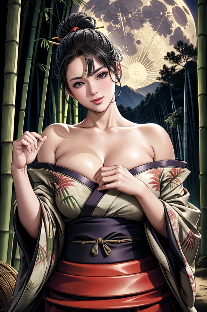(Browsing Caution), (RAW Photos), (Realistic), (Photorealistic), Ultra-high resolution, masterpiece, Highest quality, Portraiture, facial Portraiture, Perfect lighting, Detailed lighting, Dramatic Shadows, Ray Tracing, Pure Eros Face_v1, Urzan-6500-v1.1, ((gentle smile)), ((upper body:1.2)), ((random sexy pose)), looking at viewer, ((wearing a kimono)), ((off shoulders kimono:1.2)), ((in Bamboo forest:1.2)), ((night:1.2)), ((moon)), ((Japanese tattoo)),