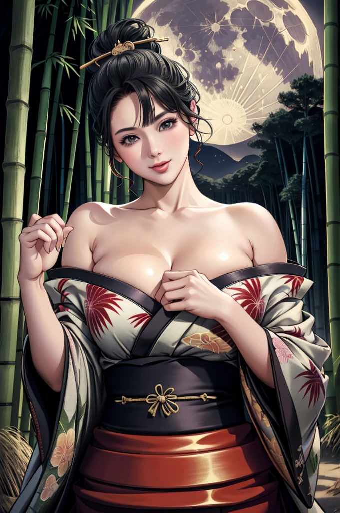(Browsing Caution), (RAW Photos), (Realistic), (Photorealistic), Ultra-high resolution, masterpiece, Highest quality, Portraiture, facial Portraiture, Perfect lighting, Detailed lighting, Dramatic Shadows, Ray Tracing, Pure Eros Face_v1, Urzan-6500-v1.1, ((gentle smile)), ((upper body:1.2)), ((random sexy pose)), looking at viewer, ((wearing a kimono)), ((off shoulders kimono:1.2)), ((in Bamboo forest:1.2)), ((night:1.2)), ((moon)), ((Japanese tattoo)),