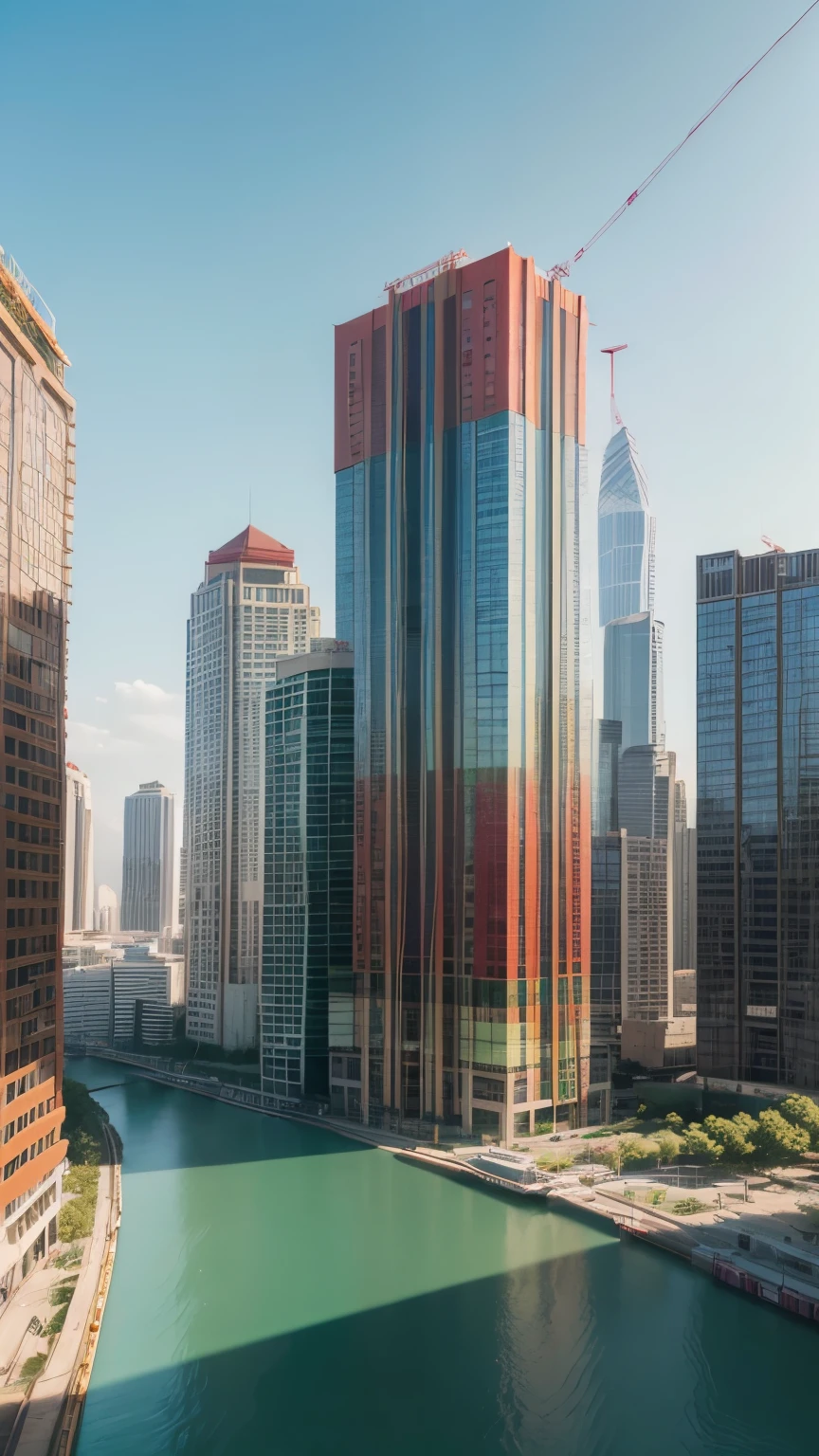 generate an abstract image with clear, vivid colors and a predominant green color, with shades of red and white, with a blurred image of a single tall, modern building under construction