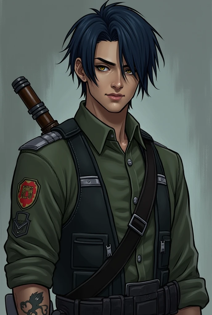 Ivan Craig, male gender, height 1,89, blue black hair, honey-colored eyes, the right eye has something special it can see the paranormal more clearly, physical appearance of an experienced soldier, wears military clothing almost always, has a scar on his face next to his mouth, he has special tattoos on his arm of the people he couldn't save,