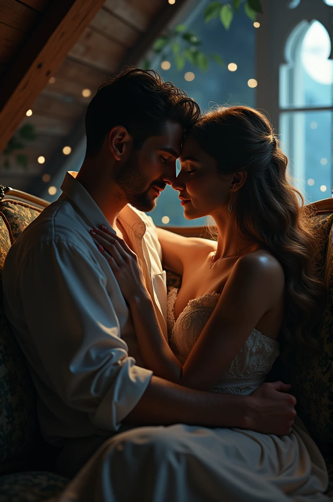 a romantic intimate encounter between a man and woman in an attic under the moonlight, extremely detailed eyes, lips, and faces, realistic, high quality, เปลือยเปล่าท่อนบน, portrait style, soft warm lighting, mystical atmosphere with shadows and dust, nostalgic antique furniture, comfortable sofa, whispers of love, gentle touch and embrace, topless, stars in the night sky, chiaroscuro, ท่อนบนไม่สวม, ท่อนบนเปลือย, cinematic, dramatic lighting, moody, atmospheric, intimate, sensual, romantic, passionate, tender, moonlight glow, natural skin tones, detailed fabric textures, elegant poses, intricate details, photorealistic, volumetric lighting, dramatic shadows, mystical, dreamlike