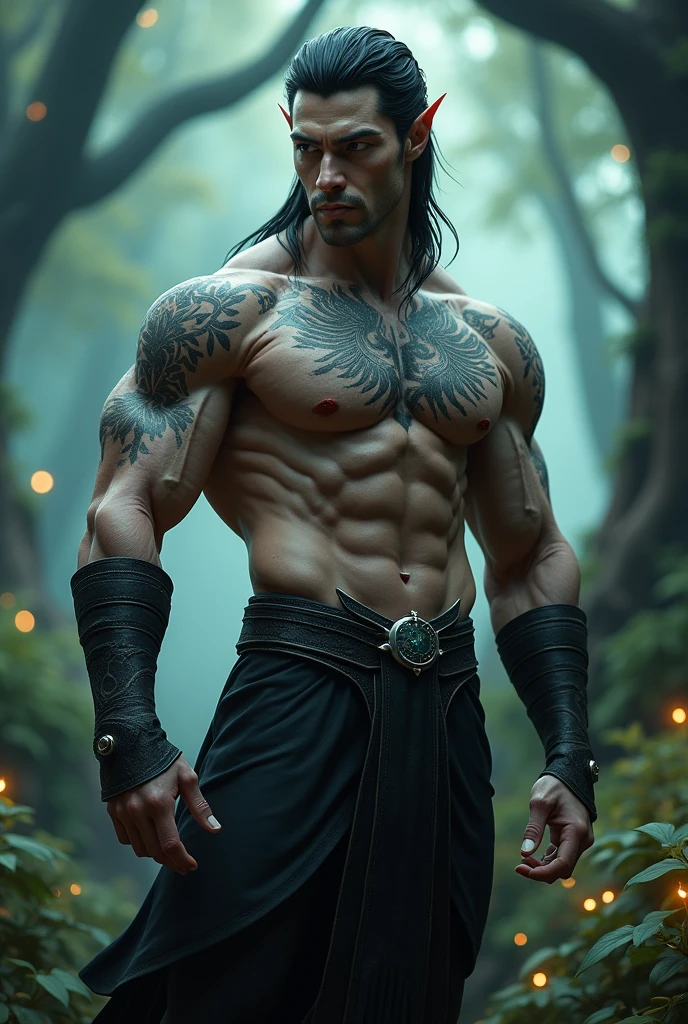 (photorealism:1.2), handsome, gay, tall, top, male, Dark Elf, muscular