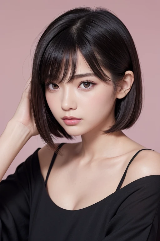 A highly detailed and high-resolution. She has a small, delicate face with a slightly cat-like appearance. Her eyes are large, black, and slightly upturned, giving a mysterious and captivating look. She has a small, well-defined nose and a small, elegant mouth. Her skin is smooth and fair, with a subtle glow. Her makeup emphasizes her eyes, with bold eyeliner and a touch of mascara to enhance her natural beauty. Her lips are painted with a soft, natural pink color. Her hair is styled in a sleek, shoulder-length bob, with a slight wave. She is wearing a fashionable outfit that complements her sophisticated and chic style. The background is simple and neutral to keep the focus on her face.