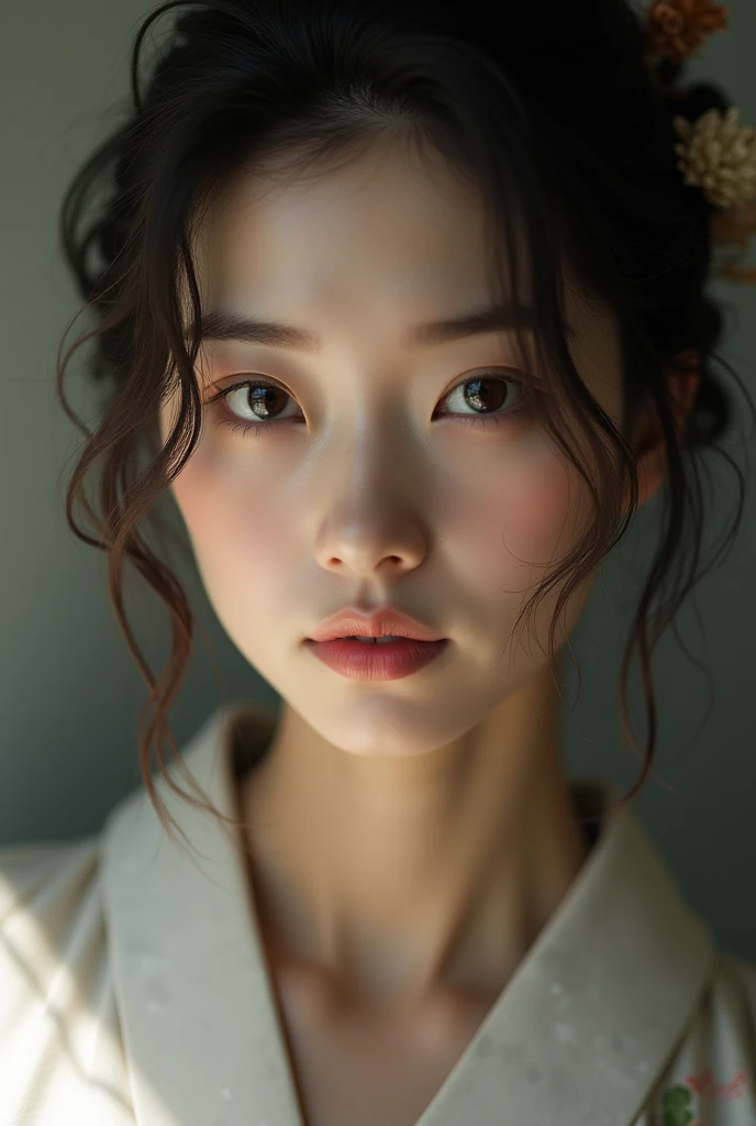 An elegantly dressed Japanese woman in natural light、A close-up of her chest and calm expression.、It shows her inner peace and outer charm.。