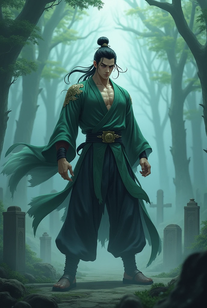 Novel cover , Male , chinese , anime, black hair , black eyes , jade like skin , martial outfit , demonic bearing, mist graveyard background 