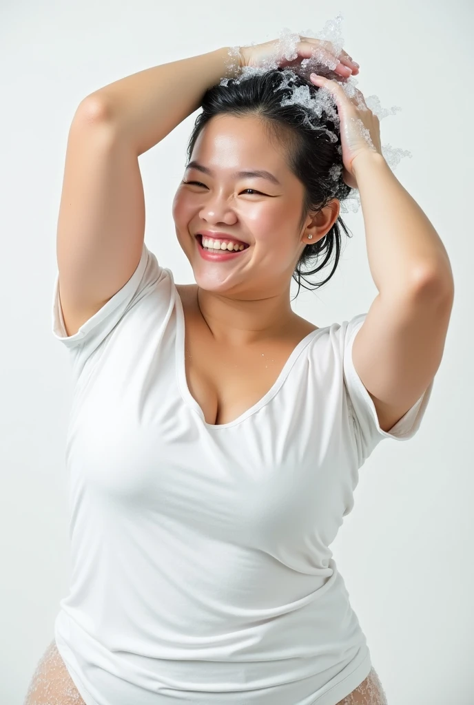 Create an Asian beauty,Wearing a tight white shirt,Proud and plump figure,Scratching hair with hands,Bending over and washing hair,There is a lot of foam on the head,The expression is happy,The characters are realistic and realistic,Pure white background,9:16 frames,Ultra-high-definition picture quality