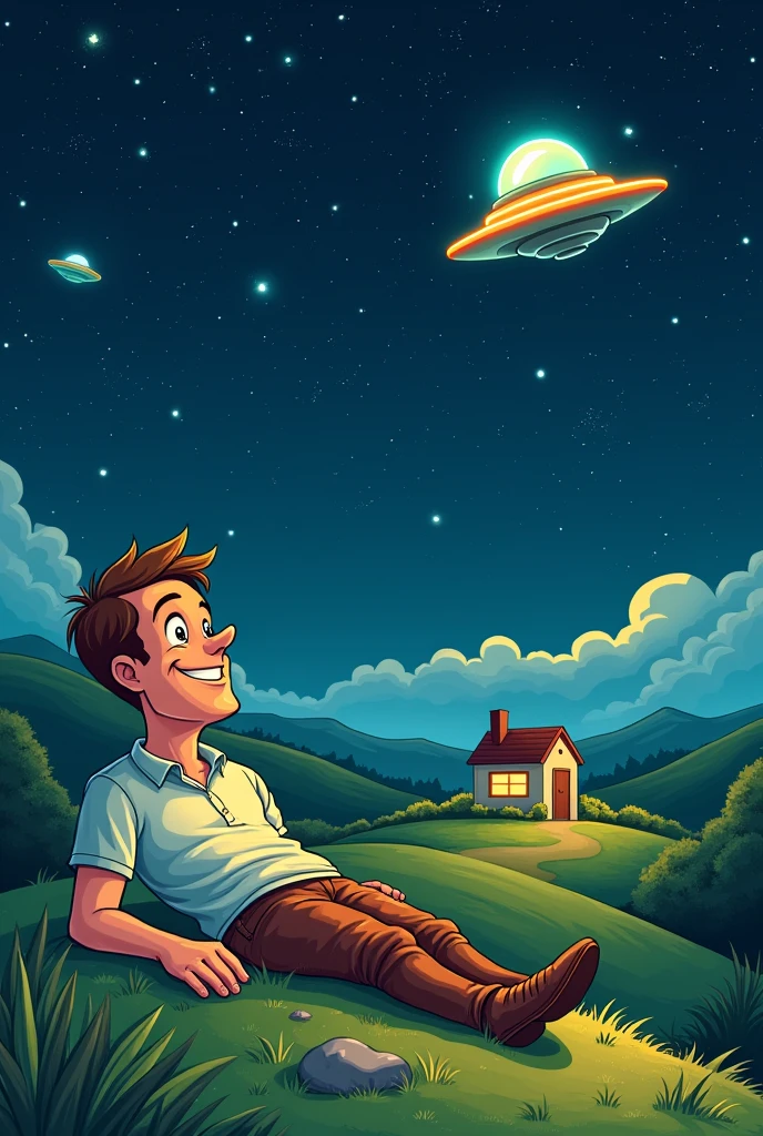 The cover is a cartoon style. There is a man sleeping and watching the stars at night on the hill behind his house. In the sky there are many stars and a UFO is hidden.