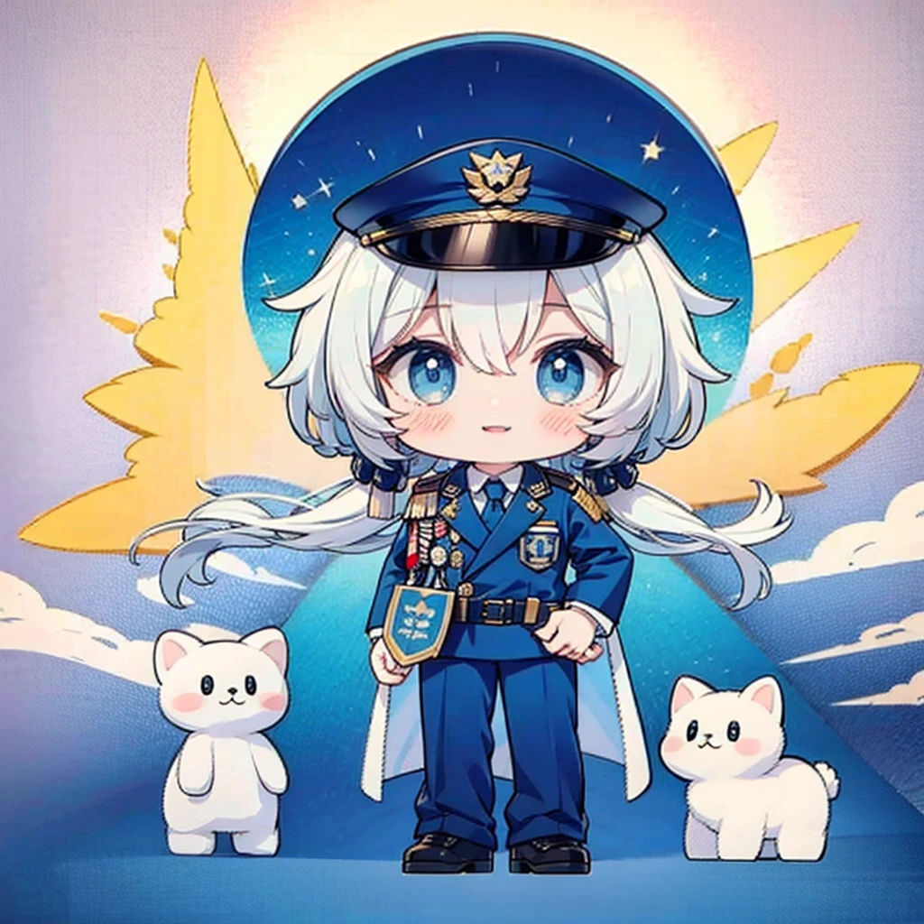 Little、cute、Highest quality、Masterpiece、Award-winning works、Full HD、Ultra-high resolution、Best aesthetics、Highest qualityの足の描写、Anime Style、Flat avatar、Milky white hair color、Long Straight Hair、Smiling, jumping and spreading his arms out in joy、Inside a circular shape、cop uniform、Holographic transparent seven-color background、Sanrio Character Plush Toys、背景💛形、