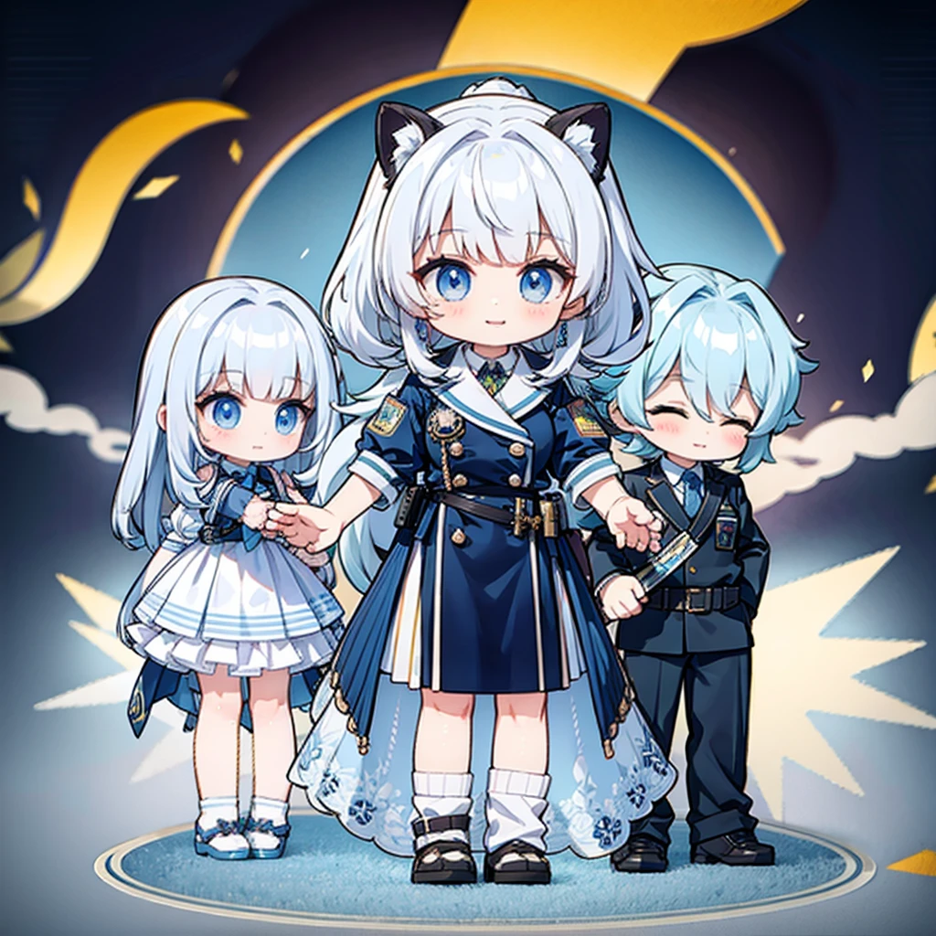 Little、cute、Highest quality、Masterpiece、Award-winning works、Full HD、Ultra-high resolution、Best aesthetics、Highest qualityの足の描写、Anime Style、Flat avatar、Milky white hair color、Long Straight Hair、Smiling, jumping and spreading his arms out in joy、Inside a circular shape、cop uniform、Holographic transparent seven-color background、Sanrio Character Plush Toys、背景💛形、