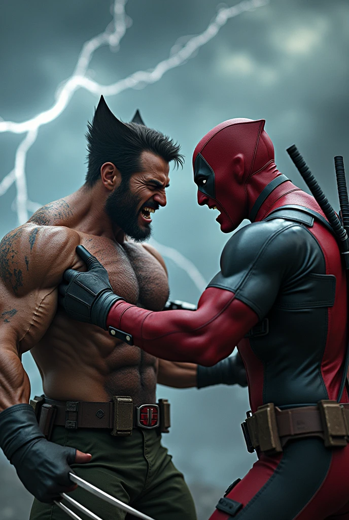 wolverine face, human, sunlight, thunder background, angry, realistic, wolverine red color full body, fighting with deadpool,