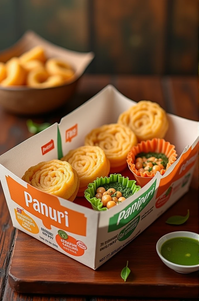 A vibrant and appetizing image of a modern panipuri package designed for delivery. The packaging is sleek and visually appealing, showcasing three distinct compartments, each containing a different flavorful filling: tangy tamarind, spicy mint, and sweet mango. The packaging is semi-transparent, revealing the colorful, crispy puris inside, along with small, separate sauce containers for each flavor. The branding on the package is bold and colorful, emphasizing freshness and flavor variety. The background features a warm and inviting Indian kitchen or street food setting, enhancing the cultural context of this popular snack."