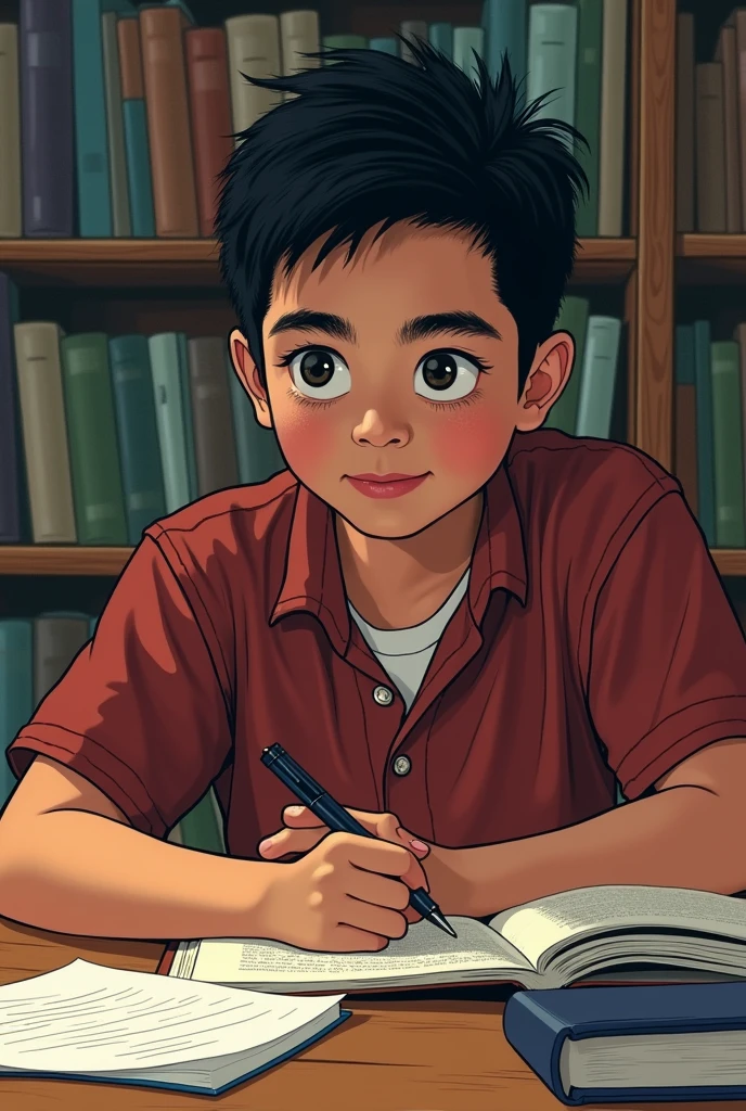 Isang estudyante ang nakaupo sa kanyang mesa, napapalibutan ng mga libro at papel. Siya ay may determinadong ekspresyon sa kanyang mukha habang siya ay nag-aaral.

Panel 2:

Isang close-up sa mukha ng estudyante. Ang kanyang mga kilay ay nakataas, ang kanyang mga mata ay nakatuon sa isang libro, at ang kanyang bibig ay bahagyang nakabukas habang siya ay nagbabasa.

Panel 3:

Isang close-up sa mga kilay ng estudyante. Ang mga ito ay unti-unting nagiging itim at nagsisimulang mag-usok.