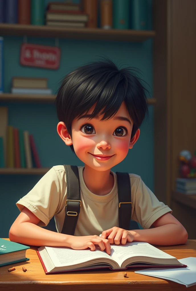 Isang estudyante ang nakaupo sa kanyang mesa, napapalibutan ng mga libro at papel. Siya ay may determinadong ekspresyon sa kanyang mukha habang siya ay nag-aaral.
Panel 2:
Isang close-up sa mukha ng estudyante. Ang kanyang mga kilay ay nakataas, ang kanyang mga mata ay nakatuon sa isang libro, at ang kanyang bibig ay bahagyang nakabukas habang siya ay nagbabasa.
Panel 3:
Isang close-up sa mga kilay ng estudyante. Ang mga ito ay unti-unting nagiging itim at nagsisimulang mag-usok.