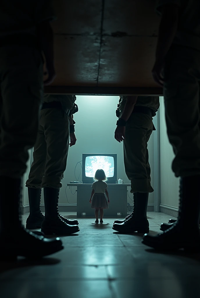 pov: under a table seeing soldiers, and a girl and a television