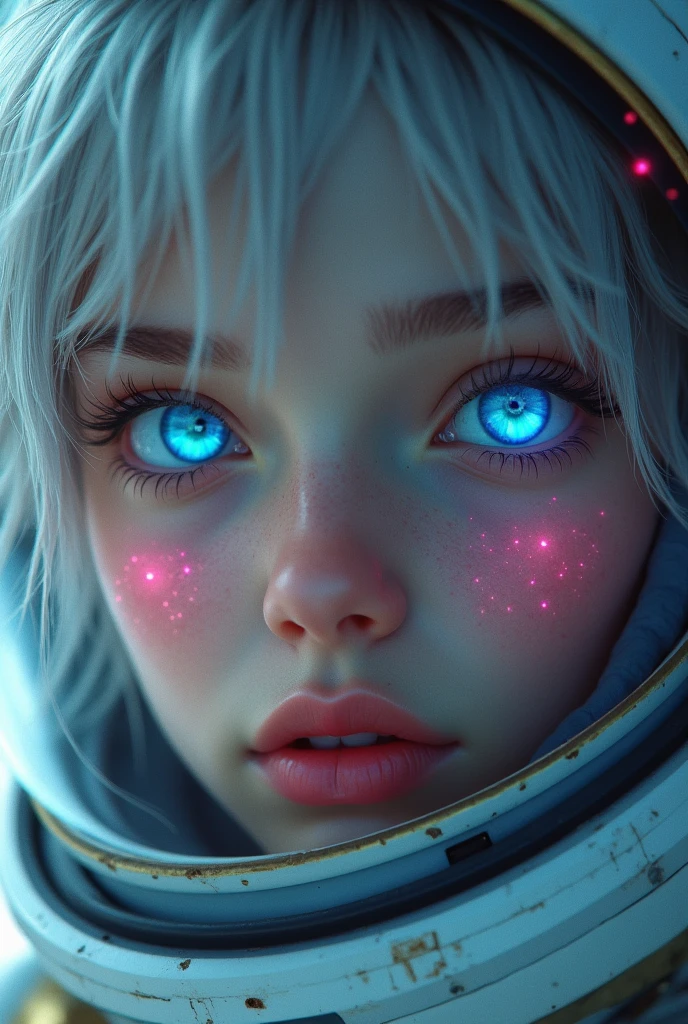 (Close-up of a better masterpiece:1.5)0.9], (Space and astronauts:1.2) (Messy silver hair:1.1) (Heterochromia xanthochromia and blue eyes:1.2) (Space Helmet:1.0) (Colored stars in the eyes:1.0) (A radiant glow:1.1) (thick lips:0.9)