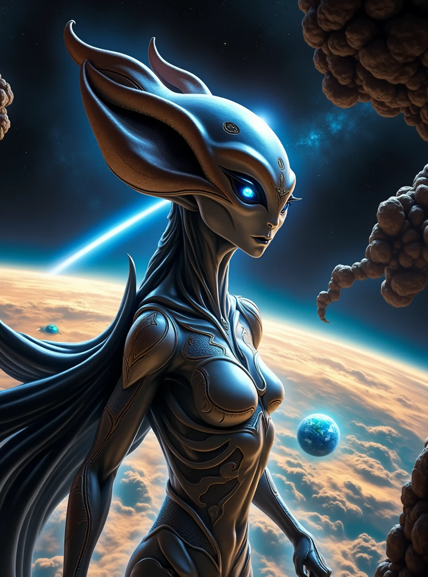 An alien creature from a galaxy far, far away,Demonstrates impressive supernatural abilities,This entity is shrouded in an aura of mystery and power.,Radiating dazzling energy and distinctly non-human features。Its sharp eyes look down upon the earth,Absorb the complexity of human culture and life。This scene is set against the backdrop of a vast, dark universe and mysterious alien structures.,The dark background further highlights the strangeness and huge size of the alien creatures.,The tiny earth is illuminated,Showing its beauty and diversity,This alien is unlike any life form on Earth,Standing in front of a large Zerg-style spaceship,This spaceship is StarCraft style,Alien beauty,The edges are uneven,Unique structure,As if there is life