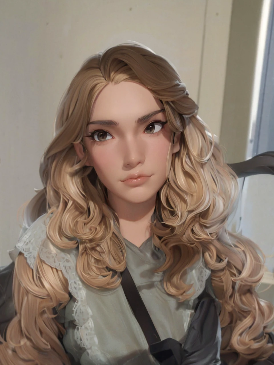Masterpiece, best quality, 1girl, beautiful detailed eyes, finely detailed, blonde hair, lon wavy hair, brown eyes clothes: black fur coat, use black gloves, serious face, city in the background
