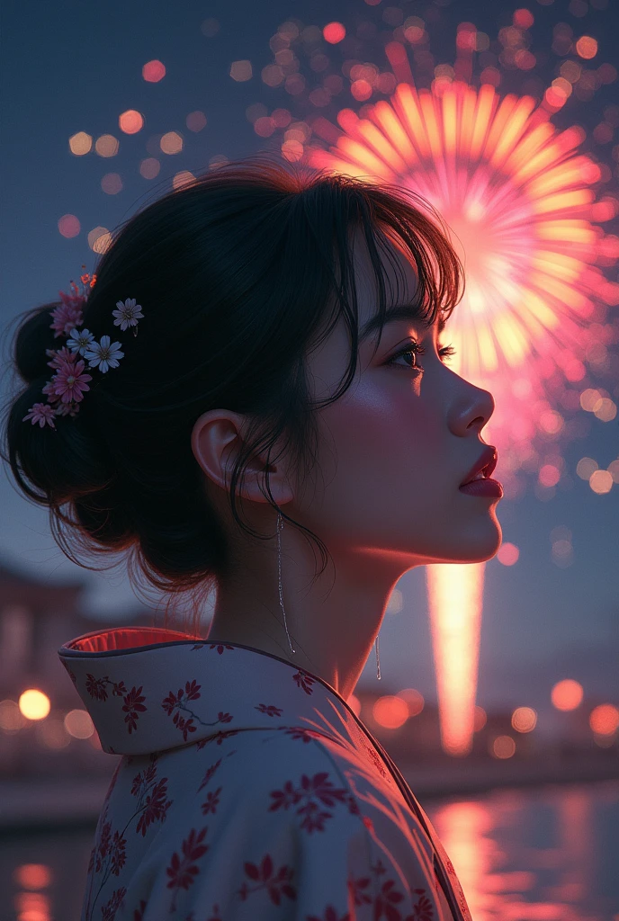 A Japanese woman crying while watching fireworks. Beautiful and sad.