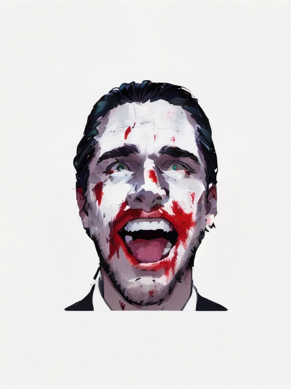 man with blood on his face and tie, Patrick Bateman), in American Psycho, American Psycho, Patrick Bateman, in American Psycho (1999), in American Psycho (1 9 9 9), the joker and Patrick Bateman, face of a psychopath, brutal clean bloody face, bloody face, Christian Bale as the joker, horror film, Christian Bale ,.(cartoon style).colors (black).(white background),(vector).(t-shirt design).

