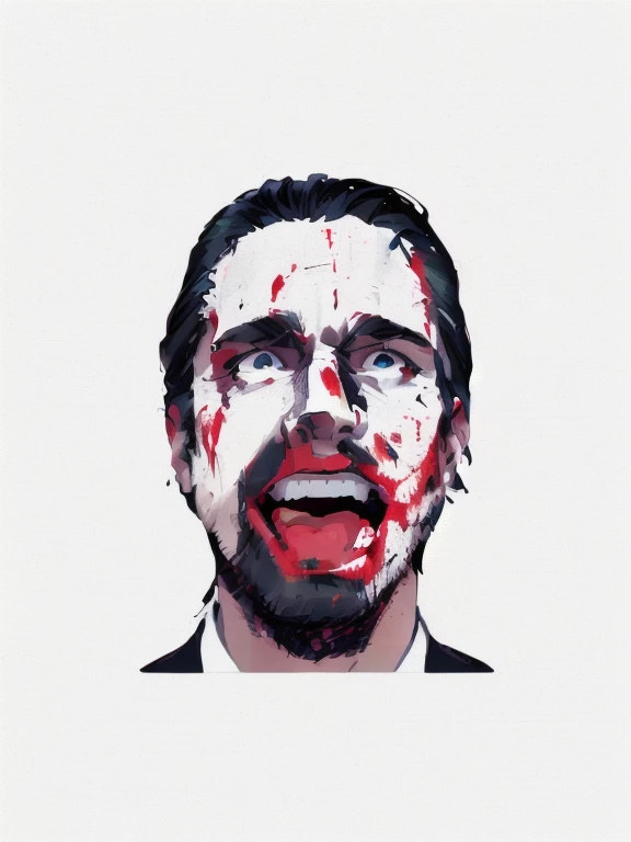 man with blood on his face and tie, Patrick Bateman), in American Psycho, American Psycho, Patrick Bateman, in American Psycho (1999), in American Psycho (1 9 9 9), the joker and Patrick Bateman, face of a psychopath, brutal clean bloody face, bloody face, Christian Bale as the joker, horror film, Christian Bale ,.(cartoon style).colors (black).(white background),(vector).(t-shirt design).
