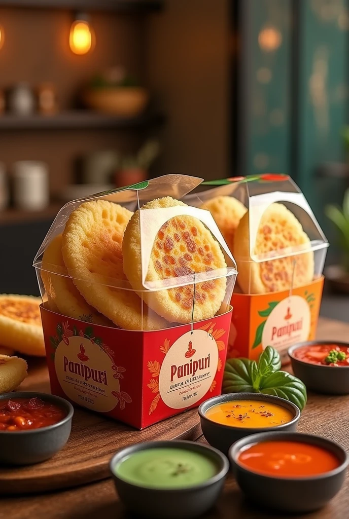 A vibrant and appetizing image of a modern panipuri package designed for delivery. The packaging is sleek and visually appealing, showcasing three distinct compartments, each containing a different flavorful filling: tangy tamarind, spicy mint, and sweet mango. The packaging is semi-transparent, revealing the colorful, crispy puris inside, along with small, separate sauce containers for each flavor. The branding on the package is bold and colorful, emphasizing freshness and flavor variety. The background features a warm and inviting Indian kitchen or street food setting, enhancing the cultural context of this popular snack."