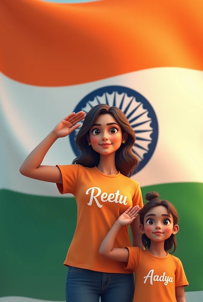 A young girl is standing tall and proud.
She is wearing a tricolor (tiranga) t-shirt.
The front of the t-shirt displays the Indian flag.
The back of the t-shirt has the name "RIYA" written in bold letters.
The girl is offering a salute to the Indian flag, either held by someone else or displayed on a flagpole.