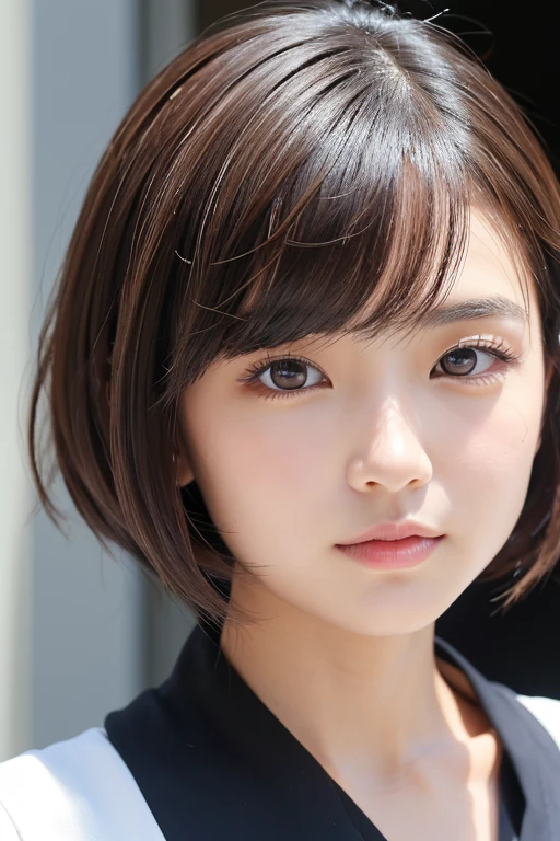 高品質in超リアルなポートレート。彼女は小さく繊細な顔立ちin、I have a slightly rounded face shape。Her expressive almond-shaped eyes have a gentle and warm gaze.、I have strong eyebrows。肌は無垢in透き通るような白さin、It has a natural shine。(Her hair is brown and pixie cut.:1.3)in、シンプルinエレガントに整えられています。メイクはナチュラルin、A light foundation and subtle blush、Uses a soft pink lip color。ライティングはソフトin自然な光を使用し、Accentuating facial features、Does not emphasize shadows。背景はシンプルinぼかしたグラデーションin、Focus on the face。