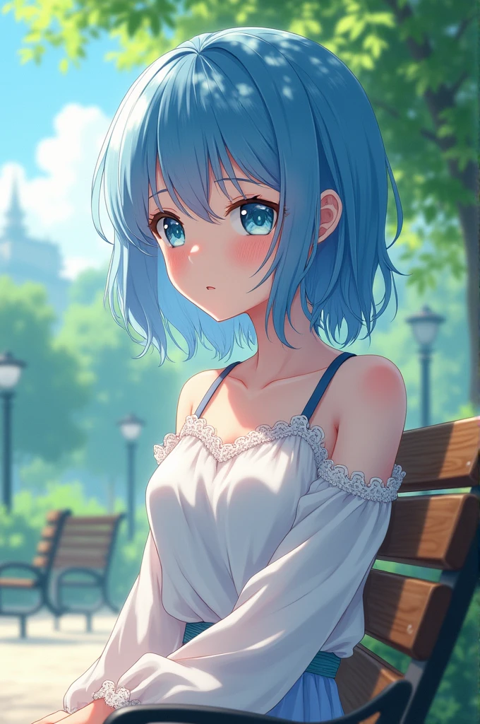 Anime girl with blue hair and white top sitting on a bench