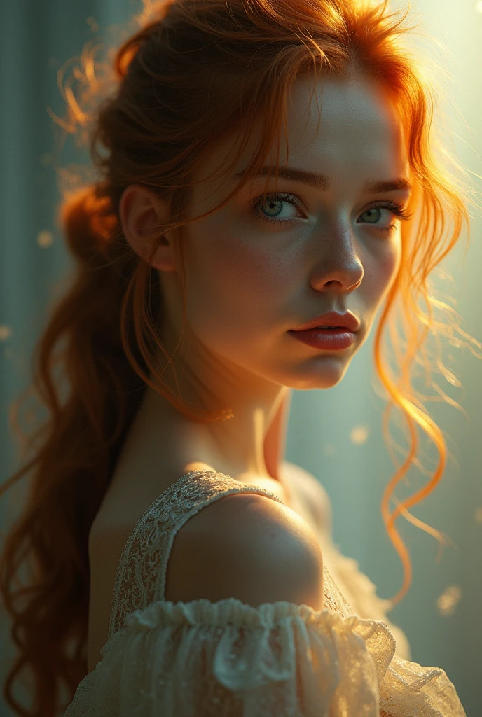 (solo, full body photo:1.3), (action packed:1.3), (haze, fog, mist:1.3), chiaroscuro, best quality, photorealistic, 1woman, (cute), (24yo:1.2), redhead, long ginger hair highly detailed, 1700'S, digital photography, art by artgerm and ruan jia and greg rutkowski surreal painting gold butterfly filigree, broken glass, (masterpiece, sidelighting, finely detailed Fashionable eyes: 1.2) (perfect oval large eyes that gazes at the viewer), beautiful detailed face, blue gorgeous perfect eyes, (blonde hair ponytail), (attractive young woman:1.3), (thick amazing hair), (seductive:1.1), (blushing:1.1)