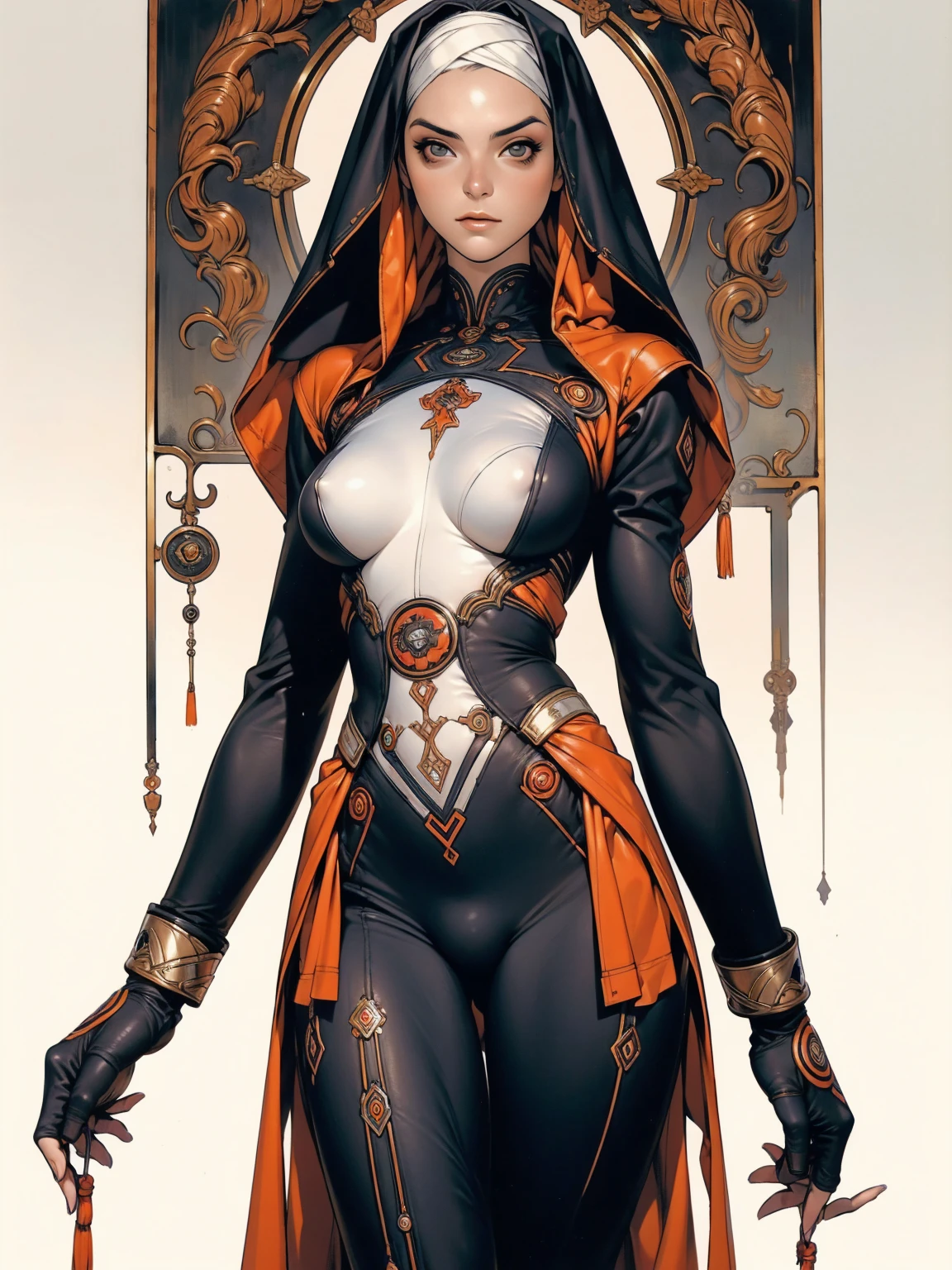 (((Annie Lennox))), ((( nun suit ))), (((Bandaged body))), ((high collar)), (((black with red details))), (((best qualityer: 1.4))), (Unbeatable masterpiece), (hiper HD),(CG 8k hyper-realistic), (((brave face))), (((breasts big))), (((hyper feminine))), sexly girl, Tron,(black bob hair)), ((( sculptural body ))), (((1 Kizi))), Kizi cibernética de 25 anos com perfectbody,,Beautiful and well-groomed face,muscular body:1.2,solid color detailed jacket, (Head to thigh photos), Complex equipment, green dark,Long pants,Tight clothes are dark,With white stars and off-white stripes,,,,,Armor Metal Electronic Parts, Poison tattoos ) INFO, Kizi, (((standing alone))), pirralha violent, ((())), sexly, pose de atitude, work of art, post-apocalypse, (((manga style))), bounty hunter, violent, Manic, the way you want, slenderbody, thin but strong, perfectbody, roupa moderna, advanced technology, neon, sleeves with vertical striped pattern, neutral background, (( cowboy shot )). intricate visual