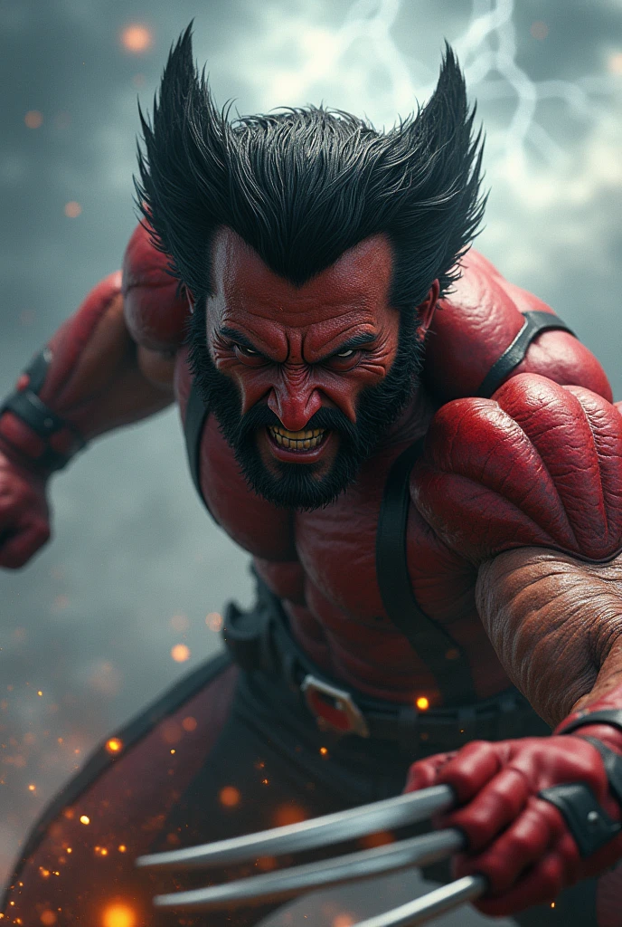 wolverine face, human, sunlight, thunder background, angry, realistic, wolverine red color full body, fighting with dogpool,