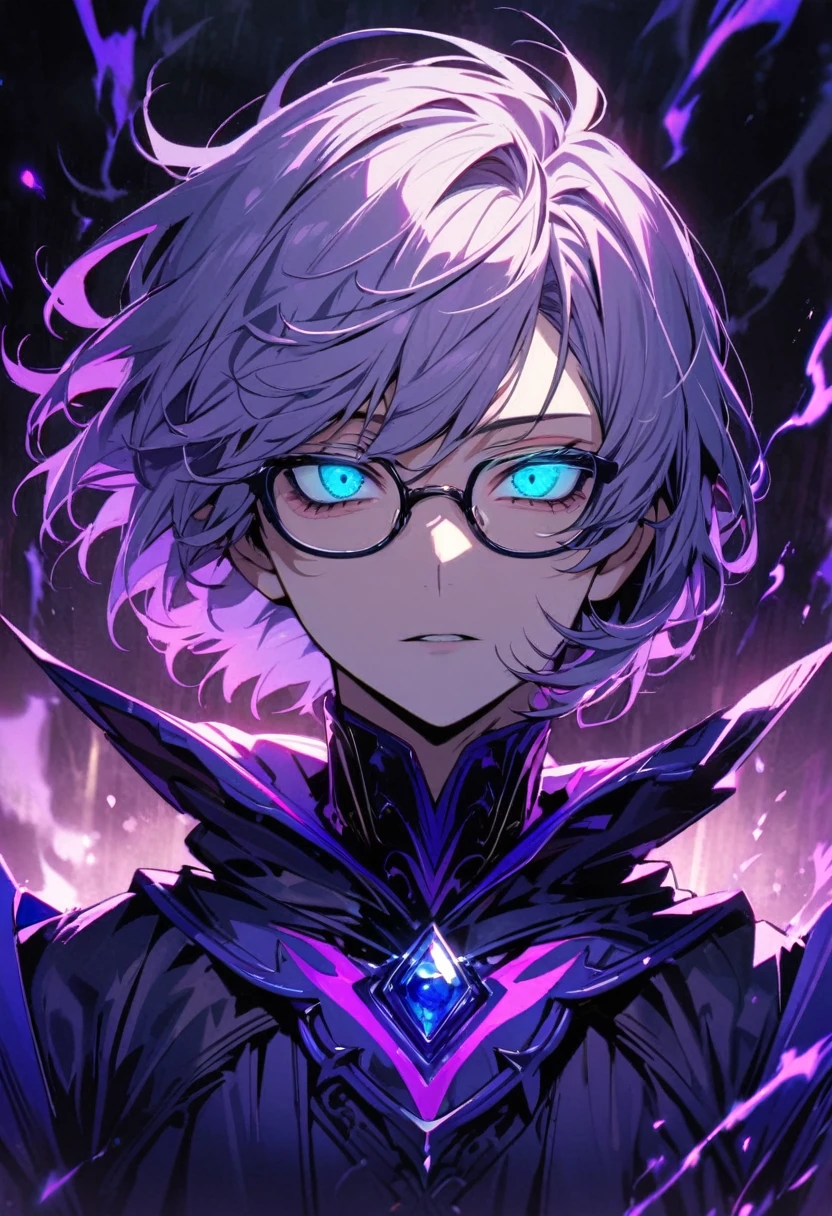 male, solo, handsome, light purple hair, beautiful color,  short hair, blue eyes, glasses, gorgeous background, dark blue aura, glowing eyes, beautiful eyes,  floating blue gemstone, floating purple  warrior, short hair, half eyes, villian, creepy eyes