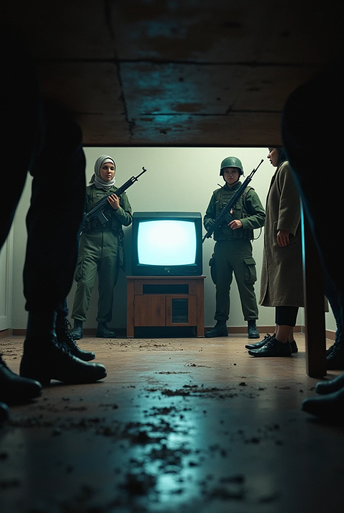 pov: under a table seeing soldiers, and women
and a television