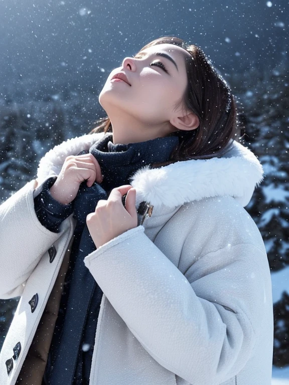 Beautiful woman、Standing on a snowy mountain, looking up at the sky、early morning、((Snowstorm))、((the wind is strong))、((The snow is falling heavily))、(((Holding the collar of his coat with his hands)))、Dark scenery、Photorealistic