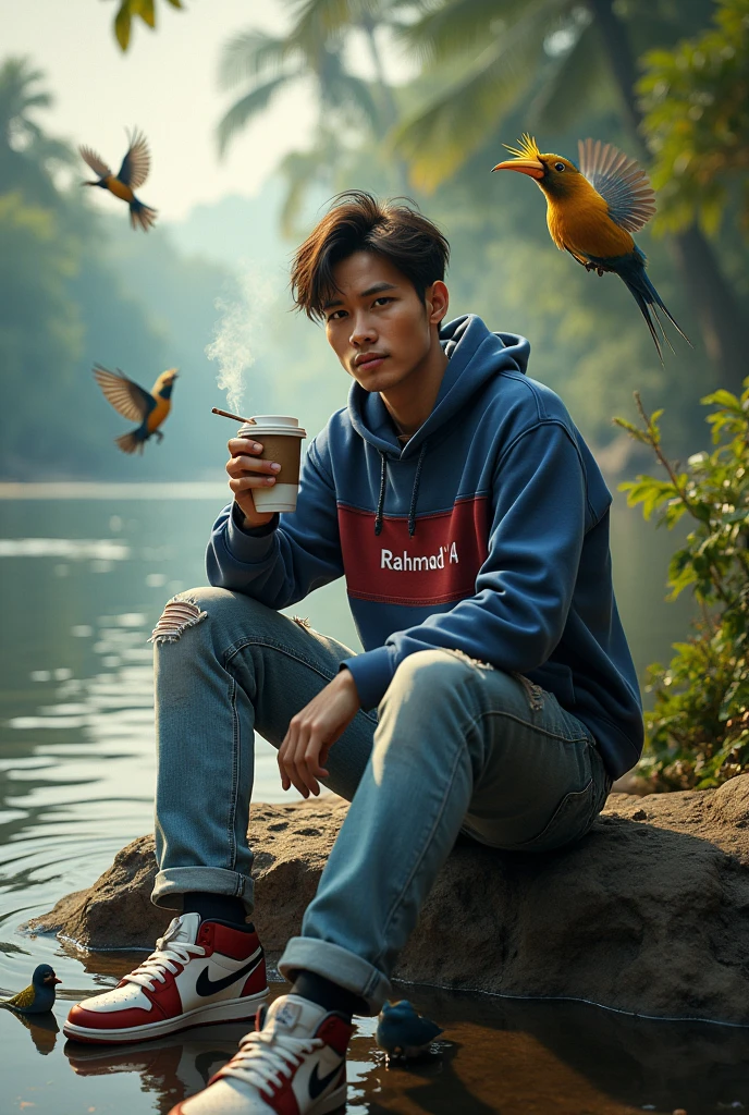 (photorealism:1.2),a 25 year old Indonesian man, Korean Hairstyles , ripped jeans, nike jordan shoes, wearing a blue hoodie with red gradient, inscribed "Rahmad 14", Indonesian text, clear. sitting pose, holding a cup of coffee and a cigarette, accompanied by beautiful birds, look at the camera direction, river background, tropical forest, morning sunlight, good morning. Real details, hyper realistic, UHD, Photography, wide shot