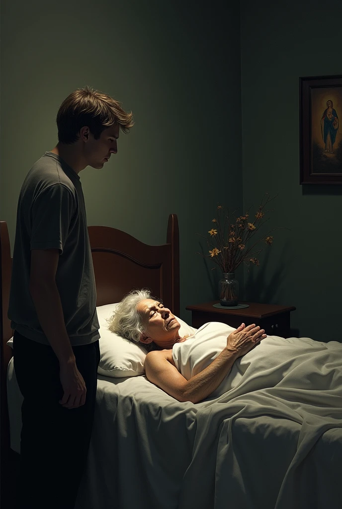 A dead aged women is lying on a bed and a young men is standing beside the bed