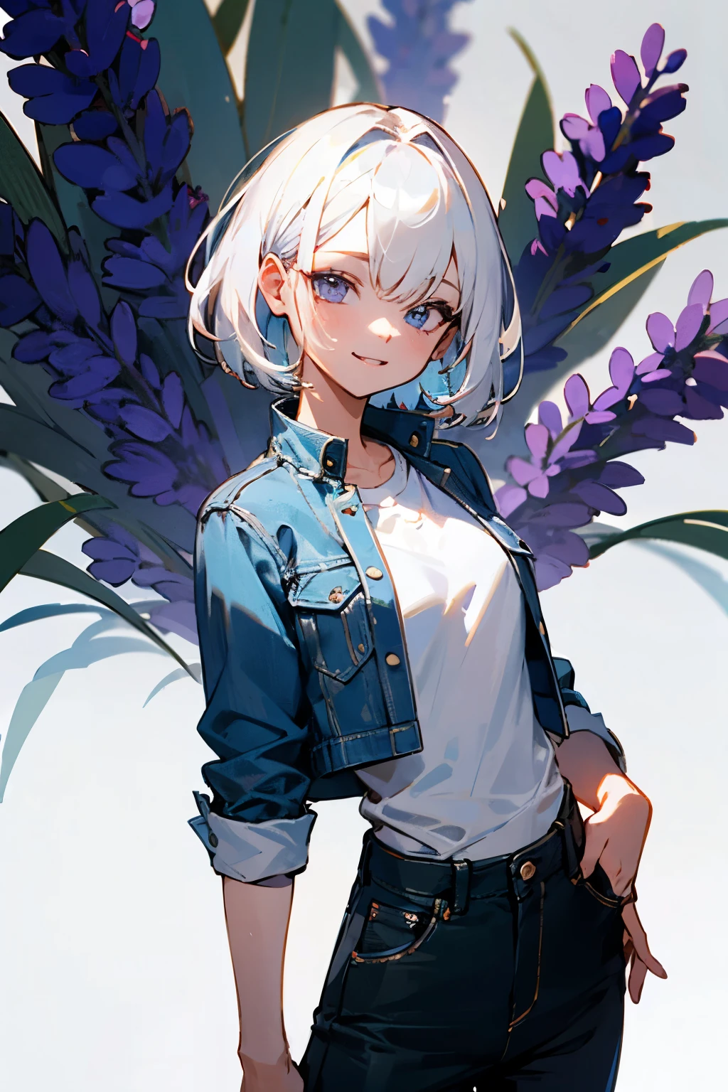 realisticlying，1girll，White hair，Purple eye，glowing light eyes，Cut the top，a skirt，parted lip，Be red in the face，the night，fresh flowers，suns，rays of sunshine，Flesh-colored pantyhose