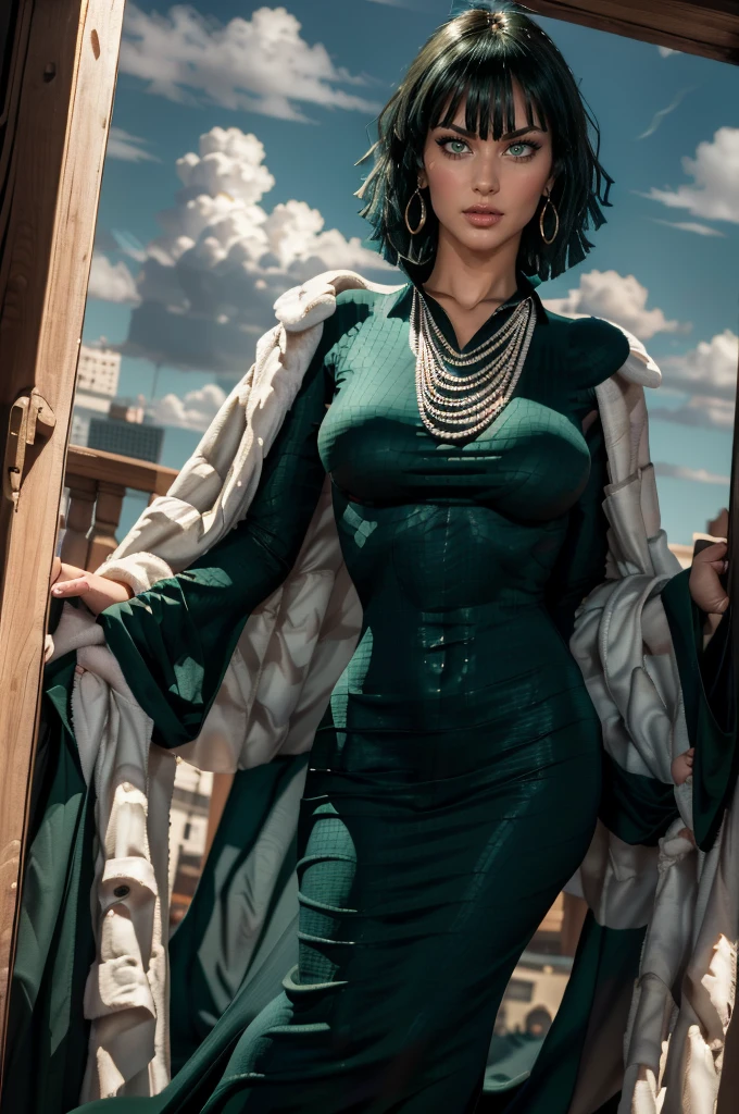 fubuki with seductive eyes and pouty lips, (Ultra-detailed, photorealistic, best quality, 4k,8k, highres, masterpiece:1.3), Featured is a 35-year-old fashion model, ((who embodies the essence of mature allure, sophistication, and sex appeal)),, (green hair), [black hair], (perfect eyes:1.3),green eyes, dress, long sleeves, jewelry, necklace, green dress, (fur coat:1.2), taut dress, taut clothes, covered navel, coat (realistic:1.5), (venusbody), (medium breasts:1.4), (wide hips:1.3), (thick thighs:1.4), (((best quality)), ((masterpiece)), (mature female), photorealistic, photorealistic face, cinematic light, (skindentation:1), cute, feminine, (perfect face:1.1), (perfect eyes, detailed eyes), perfect hands, curvy:1.5, narrow waist:1.2, big eyes), (1girl:1.4, solo, solo focus, ((sfw:1.3)), looking at viewer, dynamic pose, seductive smile), city, cityscape, skyline,sexy fit skinny body, sexy hips