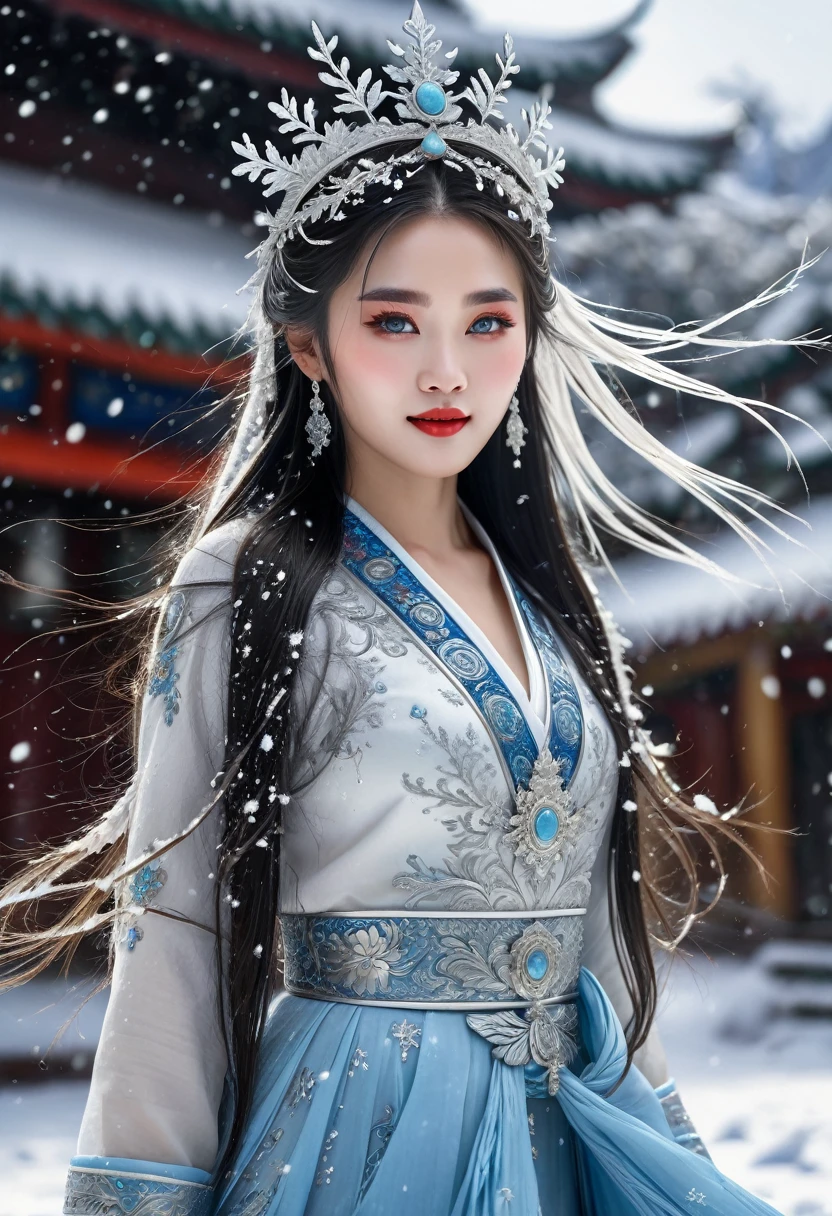 Best texture, high quality, ultra HD, 8K, full body photo, panoramic picture, snow, flying snowflakes, dancing in the snow, girl, full of Miao silver jewelry, Miao clothing, silver phoenix crown, melon seed face, ultra-detailed face, blue eyes, long eyebrows, fair skin, silver long hair, flowing long hair, rising with the wind, snowflake colorful gifts, realistic, very detailed, high detail, ultra-clear,