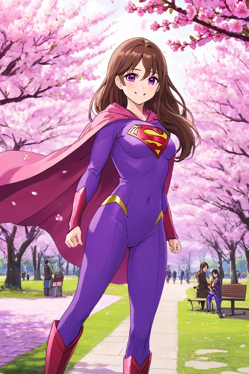 masterpiece, best quality:1.2), 1girl, smile, looking at viewer, hijiri ageha, purple eyes, long brown hair, dressed as superwoman, full bodysuit, pink catsuit, purple cloak cape, boots, standing under cherry blossoms in park