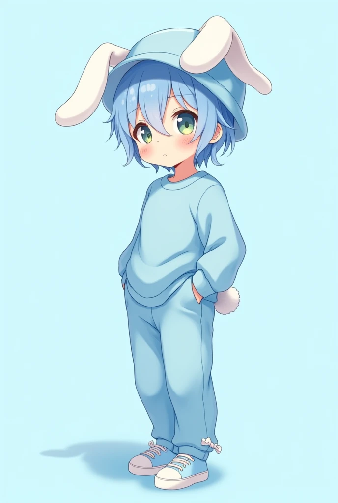 A male anime character with light blue hair, a light blue hat with bunny ears on the sides with little bows on the back of the hat, a light blue shirt with a light blue sweatshirt, light blue pants and light blue shoes with a curious pose and a light blue background.