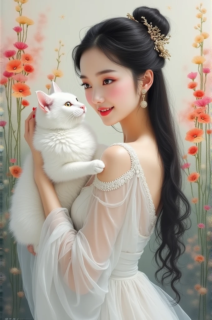 ahmadafandi23


Prompt

an oil painting of a beautiful Asian woman with long hair in a bun, with a white color scheme, wearing a very graceful long dress, facing

sideways and hugging a beautiful white cat, complex brush strokes draw a very beautiful woman, beautiful eyes and Curvy fingers, a dazzling smile, against the background of a painting of colorful flowers hanging upwards with a few strokes of oil paint, intricate brush strokes tracing the woman's features, so real and enchanting is the maestro's painting