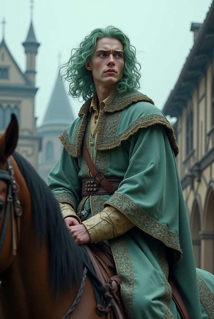 (photorealism:1.2), handsome man, riding a horse, wearing medieval clothes, medieval pants, mid-long curly mint white green hair waved in the wind, orange eyebrown eyebrown, White gray eyes, sunlighting, a medieval Town at the background, heroic pose, realistic, intricate details, cold colors, pale skin.