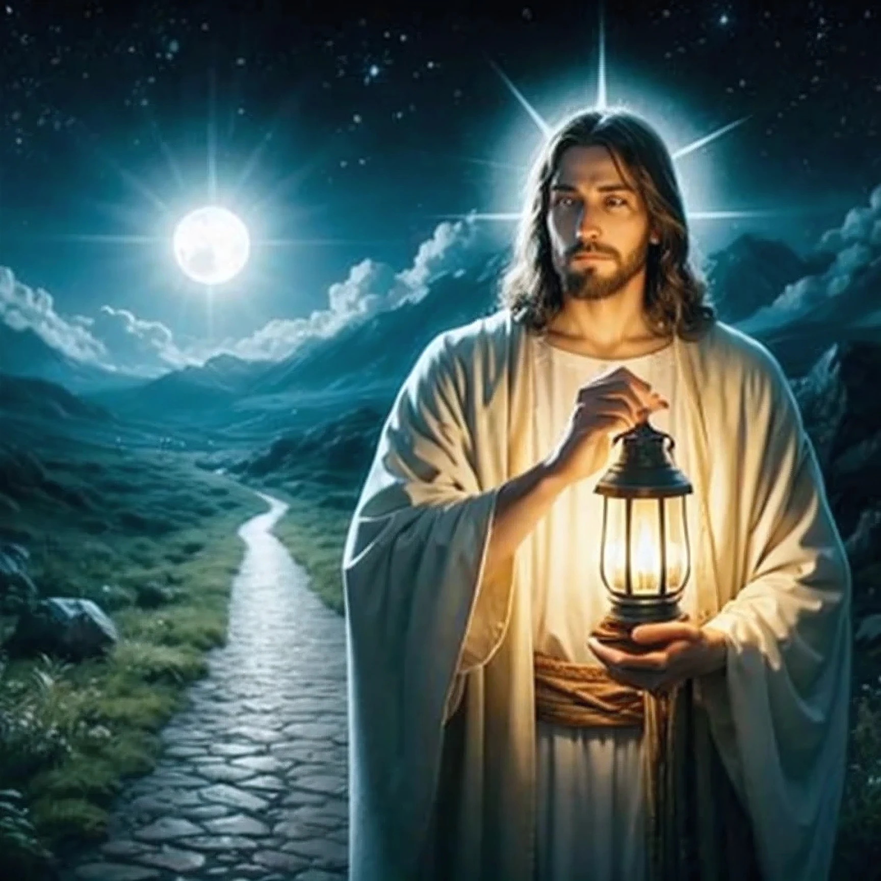 Jesus holding a lit lamp as he walks down a dark path, symbolizing the light of faith that guides believers. ao redor, The scenery is nocturnal, but the light of the lamp illuminates the way, revealing the hidden beauty of the night, with stars shining in the sky and the full moon casting its silver light. Jesus' expression is one of tranquility and confidence., and He looks forward, guiding safely through the darkness. The style must be of living painting, with natural and realistic colors, and a finish that conveys the serenity and hope present in the scene.